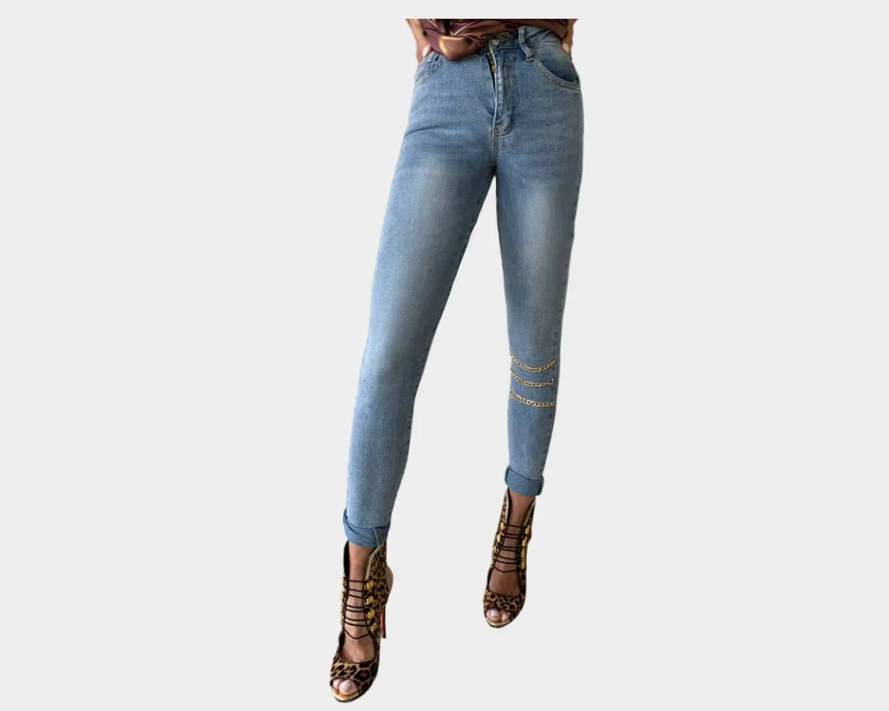 . Light Washed Blue Gold Chain Bottom Denim Jeans - The Milano