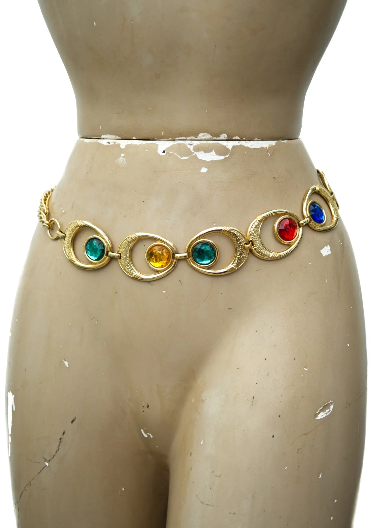 1980s Goldtone Multicoloured Paste Gem Metal Chain Link Belt