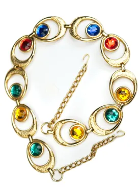 1980s Goldtone Multicoloured Paste Gem Metal Chain Link Belt