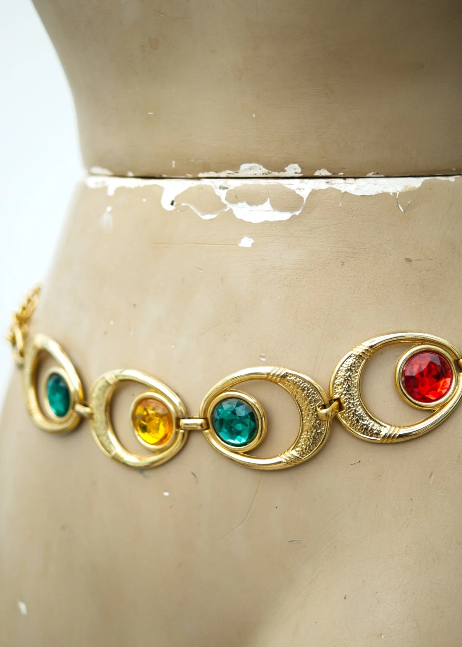 1980s Goldtone Multicoloured Paste Gem Metal Chain Link Belt