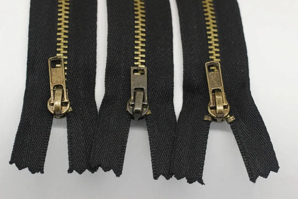 20 Pcs Black Metal zippers with gold brass teeth, 4 inches zipper, Jean Zipper