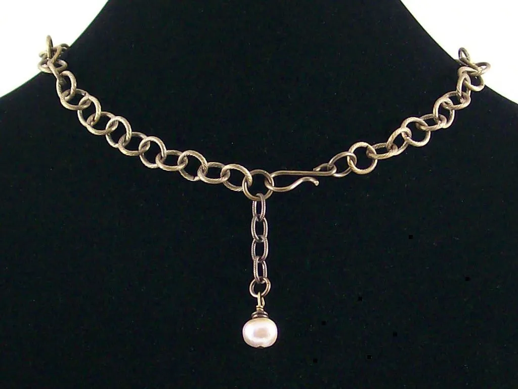 Antiqued Chain with stampings and quartz crystal cabochon (Web-151)