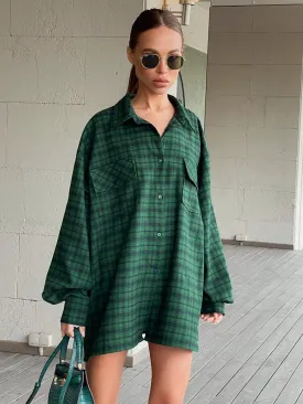 ASHORE SHOP Green Shacket Oversize Shirts Women Dropped Shoulder Street Style Plaid Blouses