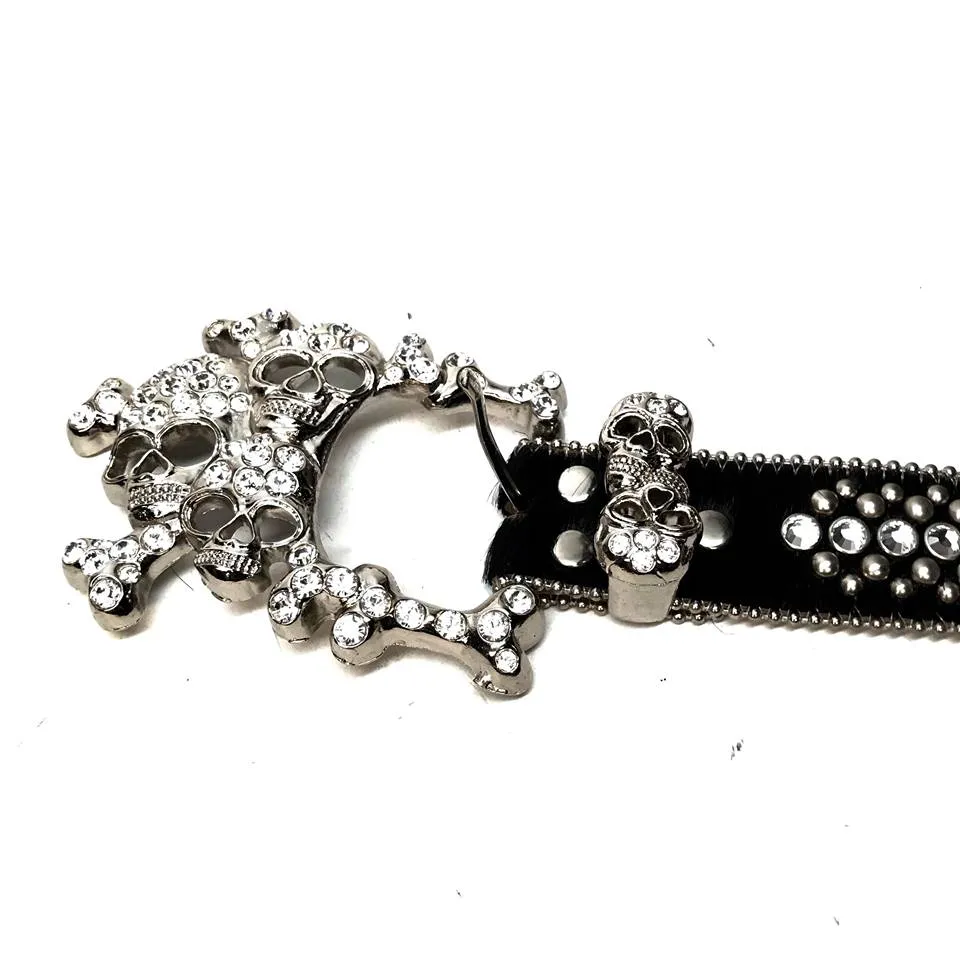 b.b. Simon Black Skull Studded Pony Hair Crystal Belt