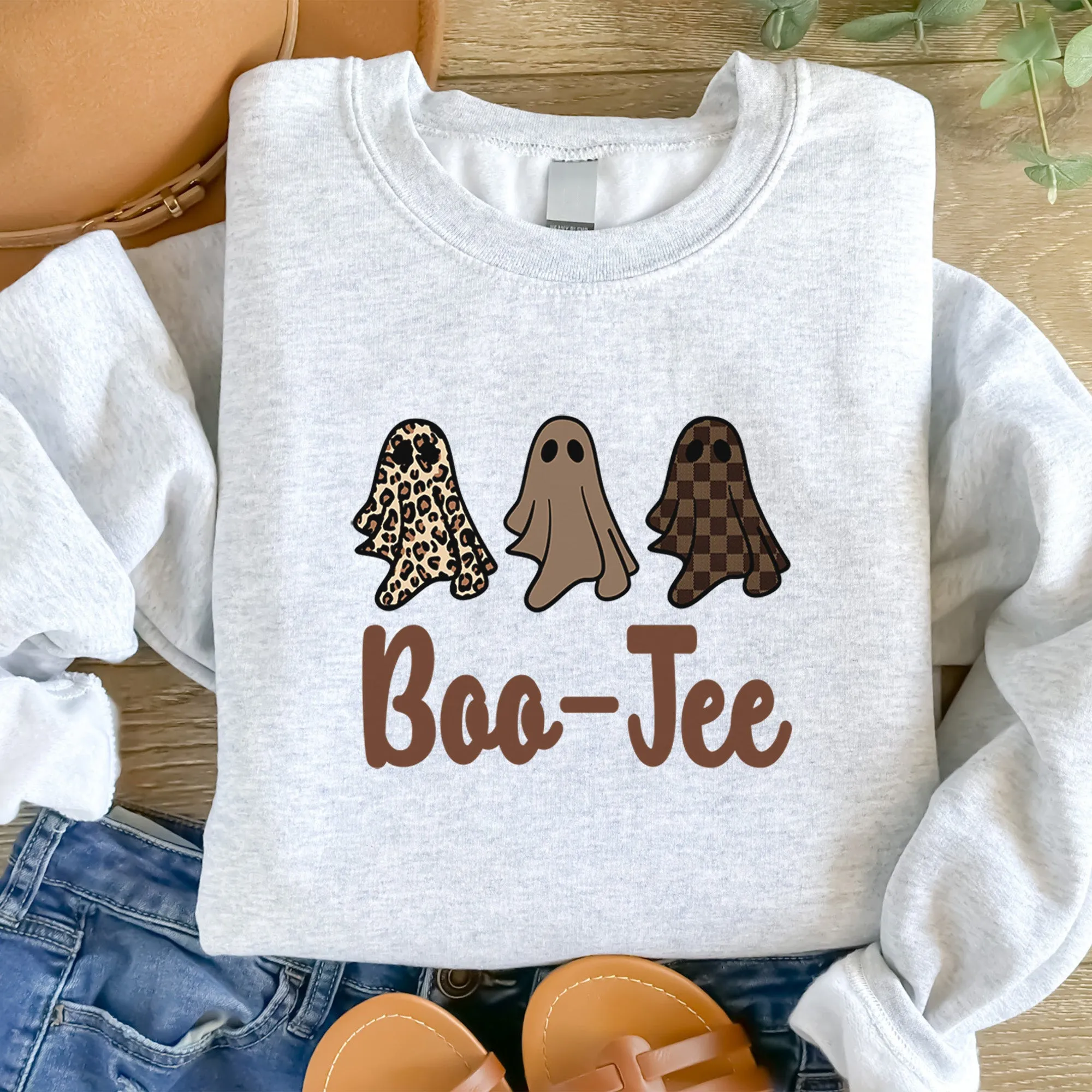 Boo Jee Ghost with Leopard & Plaid Print - Halloween Sweatshirt - Sizes Small to 5XL in Several Colors