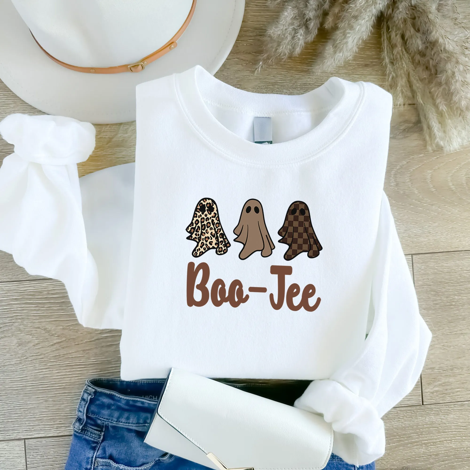 Boo Jee Ghost with Leopard & Plaid Print - Halloween Sweatshirt - Sizes Small to 5XL in Several Colors