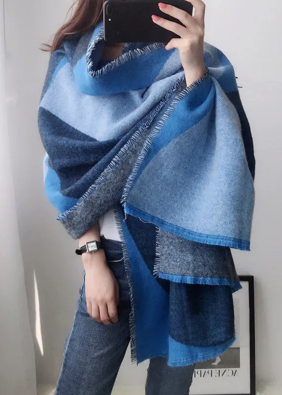 Boutique Blue Plaid Tasseled Autumn Winter Faux Cashmere Shawl ML2186