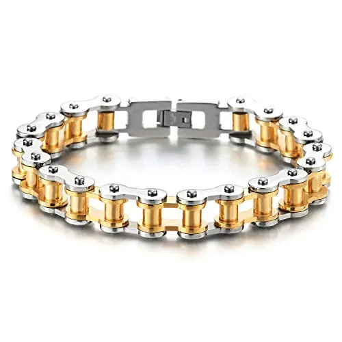 COOLSTEELANDBEYOND Ladies Mens Stainless Steel Motorcycle Bike Chain Bracelet with Buckle Clasp Polished