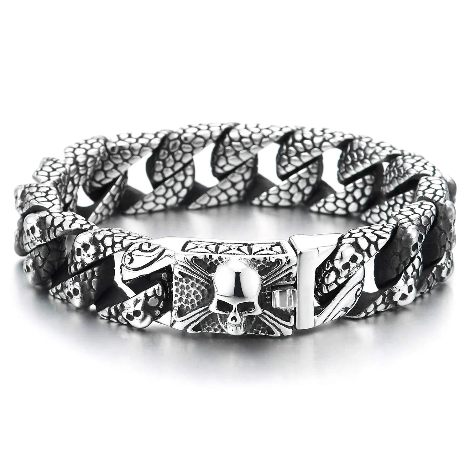 COOLSTEELANDBEYOND Skull Charms Snake Skin Pattern Curb Chain Mens Large Steel Bracelet with Pirate Skulls Clasp