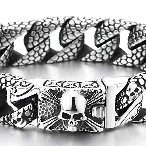 COOLSTEELANDBEYOND Skull Charms Snake Skin Pattern Curb Chain Mens Large Steel Bracelet with Pirate Skulls Clasp