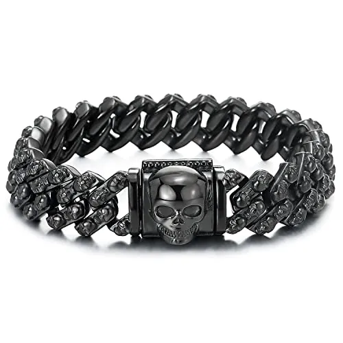 COOLSTEELANDBEYOND Skull Charms Snake Skin Pattern Curb Chain Mens Large Steel Bracelet with Pirate Skulls Clasp