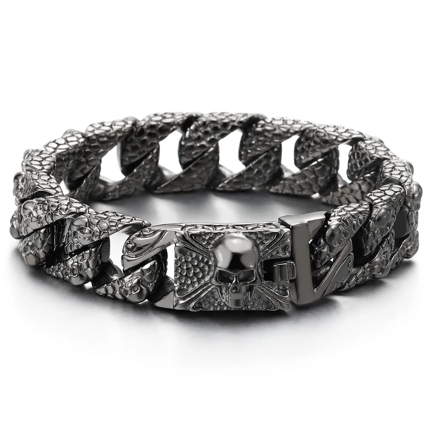 COOLSTEELANDBEYOND Skull Charms Snake Skin Pattern Curb Chain Mens Large Steel Bracelet with Pirate Skulls Clasp