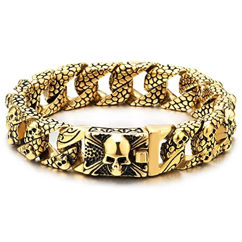 COOLSTEELANDBEYOND Skull Charms Snake Skin Pattern Curb Chain Mens Large Steel Bracelet with Pirate Skulls Clasp