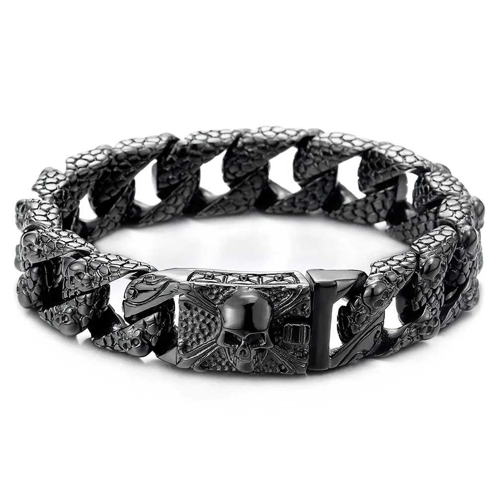 COOLSTEELANDBEYOND Skull Charms Snake Skin Pattern Curb Chain Mens Large Steel Bracelet with Pirate Skulls Clasp