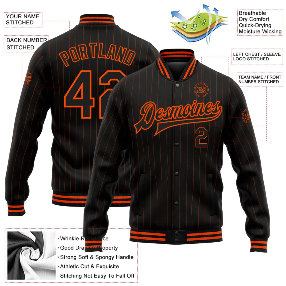 Custom Black Orange Pinstripe Orange Bomber Full-Snap Varsity Letterman Jacket