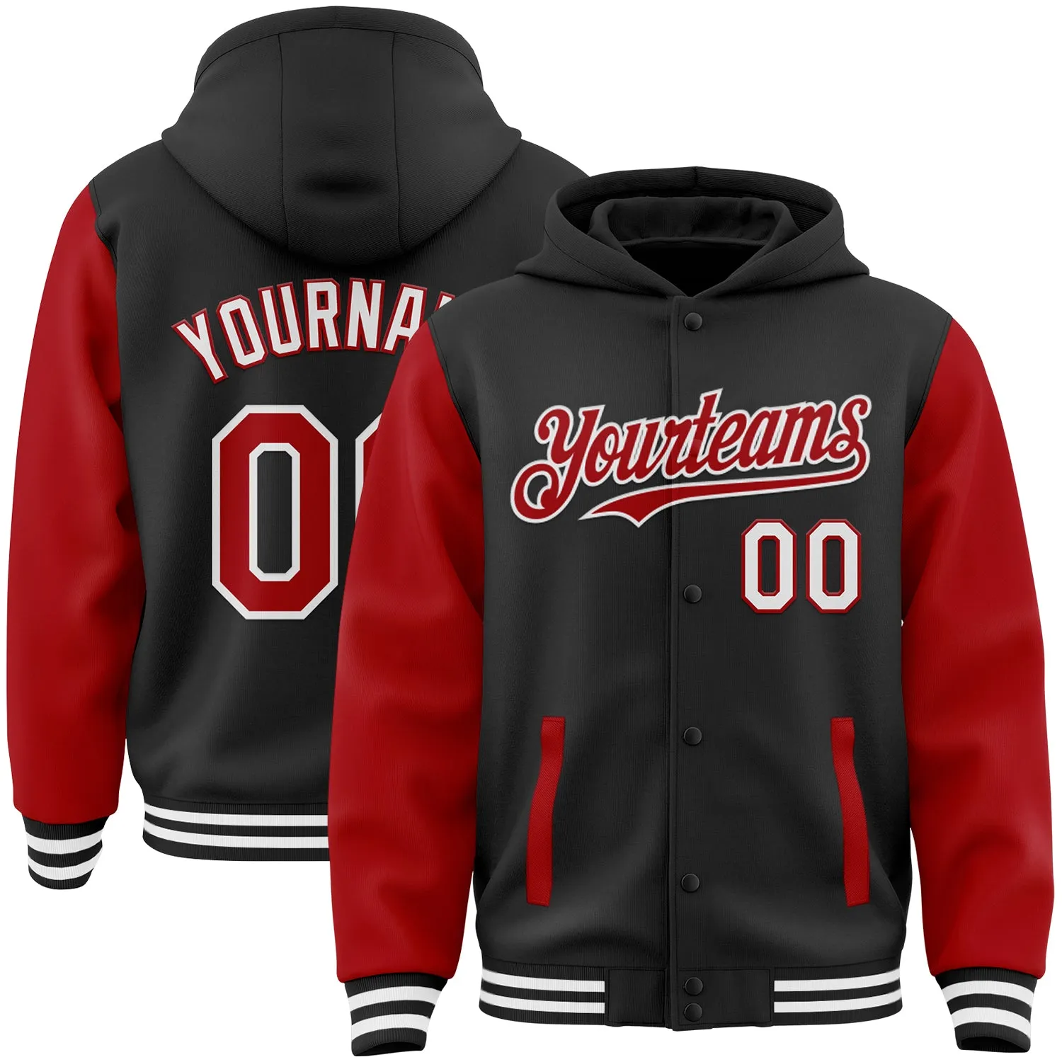 Custom Black Red-White Bomber Full-Snap Varsity Letterman Two Tone Hoodie Jacket