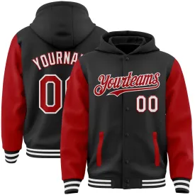 Custom Black Red-White Bomber Full-Snap Varsity Letterman Two Tone Hoodie Jacket