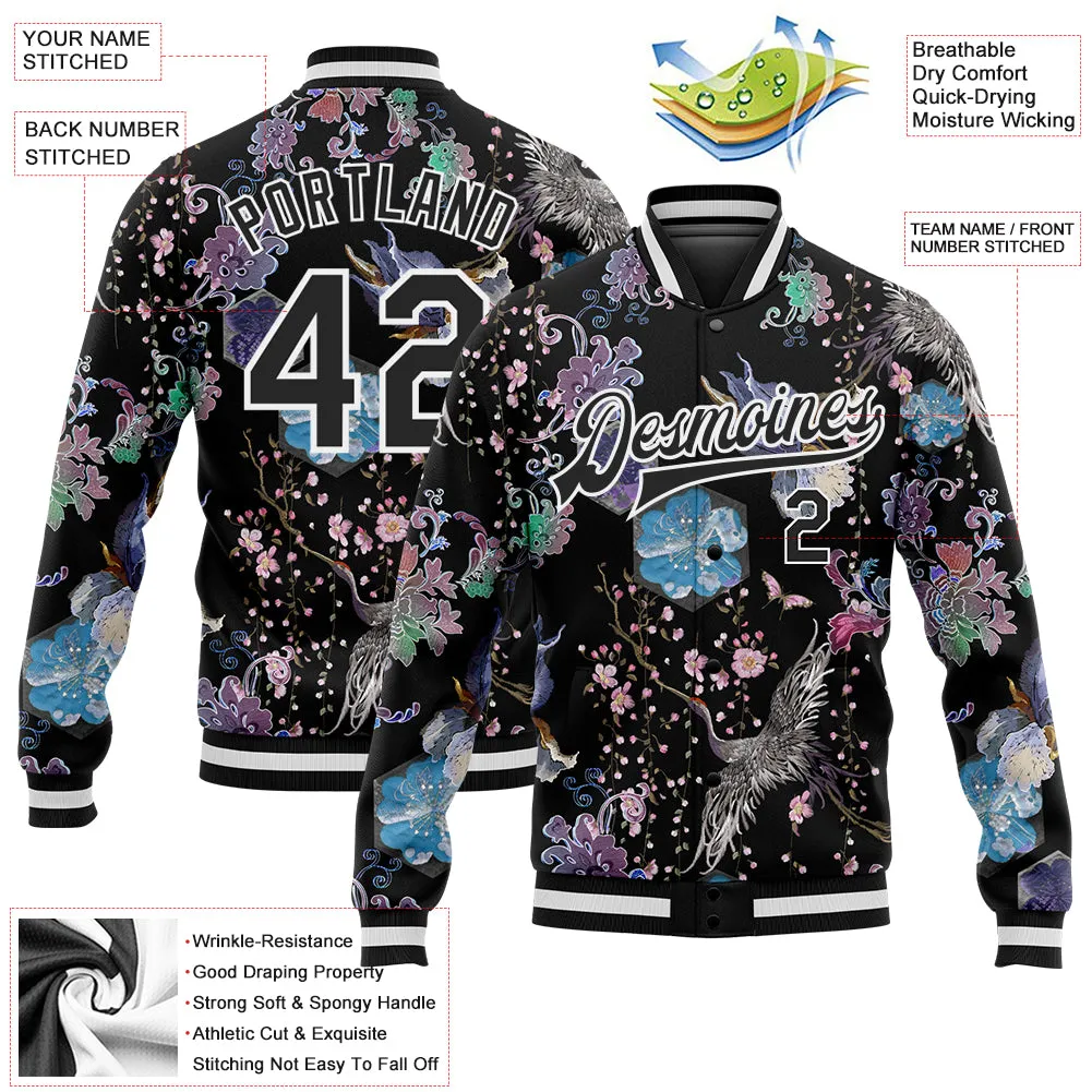 Custom Black White Heron And Flower 3D Pattern Design Bomber Full-Snap Varsity Letterman Jacket