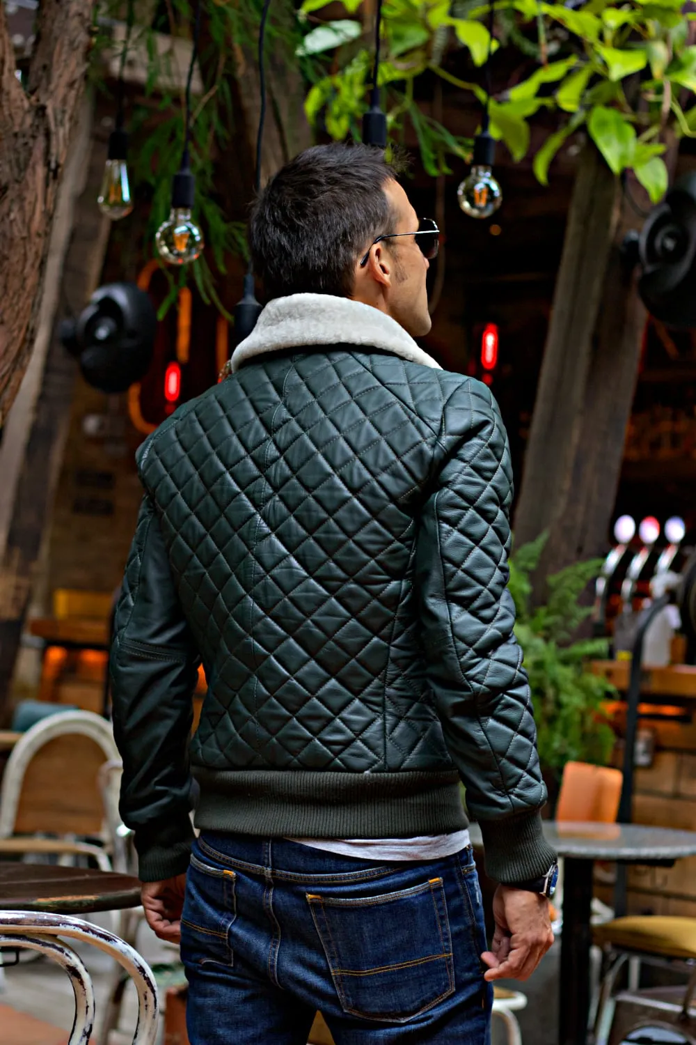 EVEREAST GR Green Leather Jacket Shearling Collar Quilted Ed.