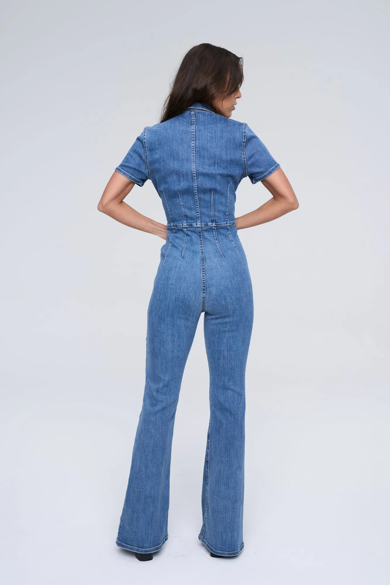 FLARE ULTRA STRETCH DENIM ZIP JUMPSUIT IN MEDIUM WASH   /  SP-J4274M