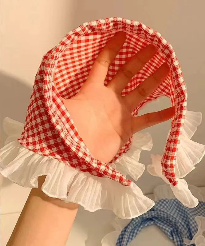 French Red Plaid Ruffles Lace Triangle Scarf Headband YU1006