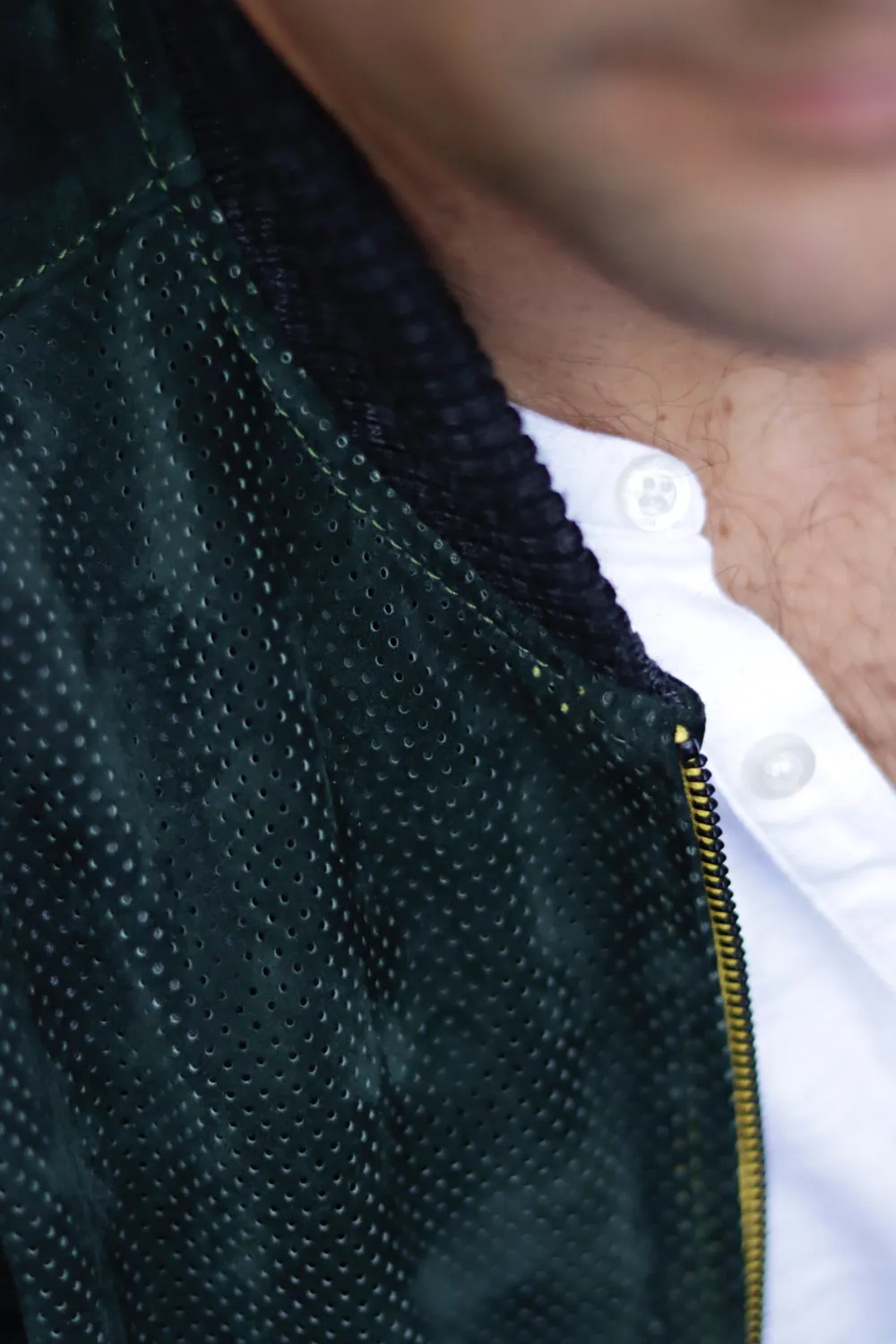 Grand Prix Bomber Jacket in Perforated Suede - Dark Green