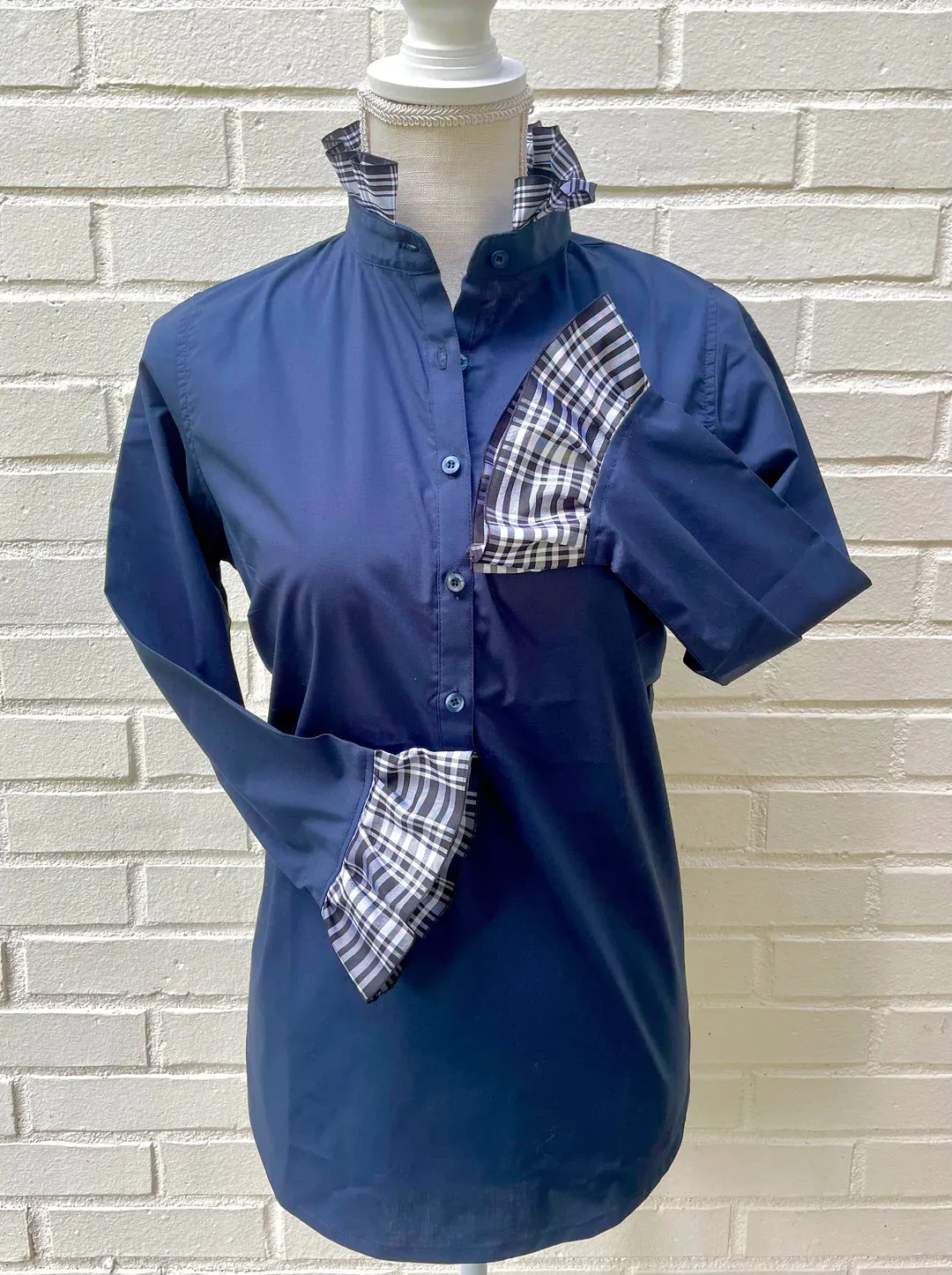 Grosgrain Ruffle Tunic- Navy w/ Plaid