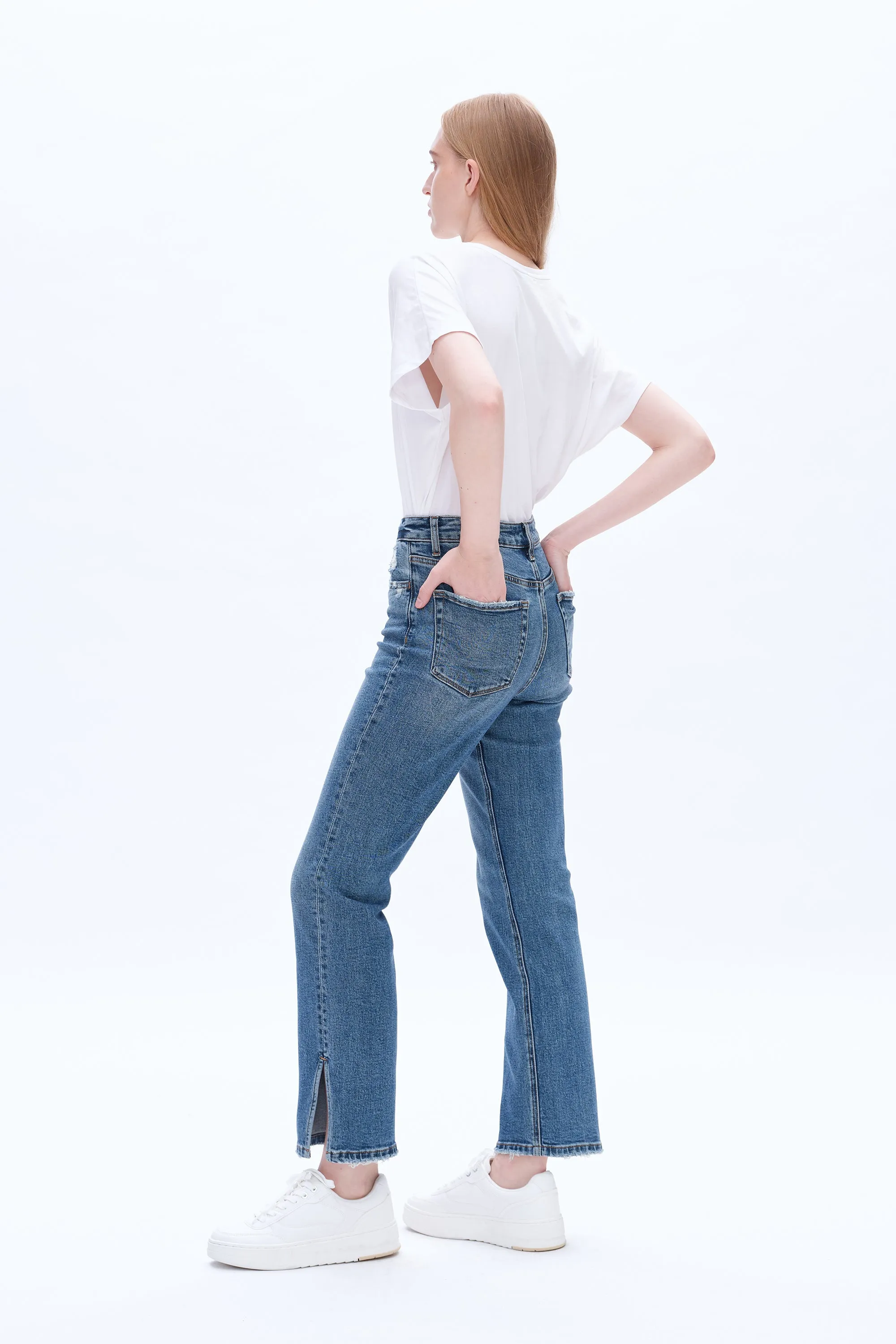 High Rise Straight Denim Jeans With Slit