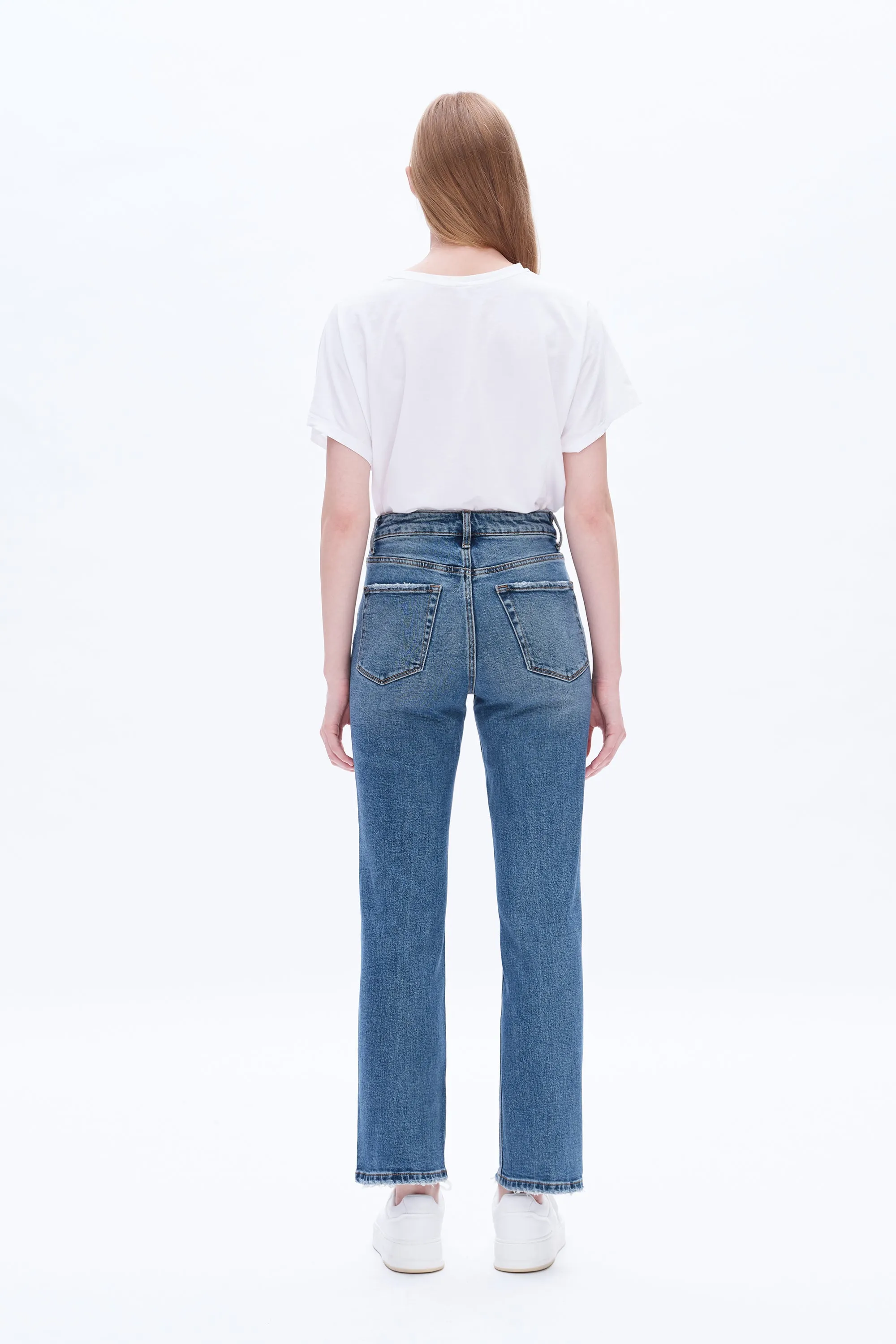 High Rise Straight Denim Jeans With Slit