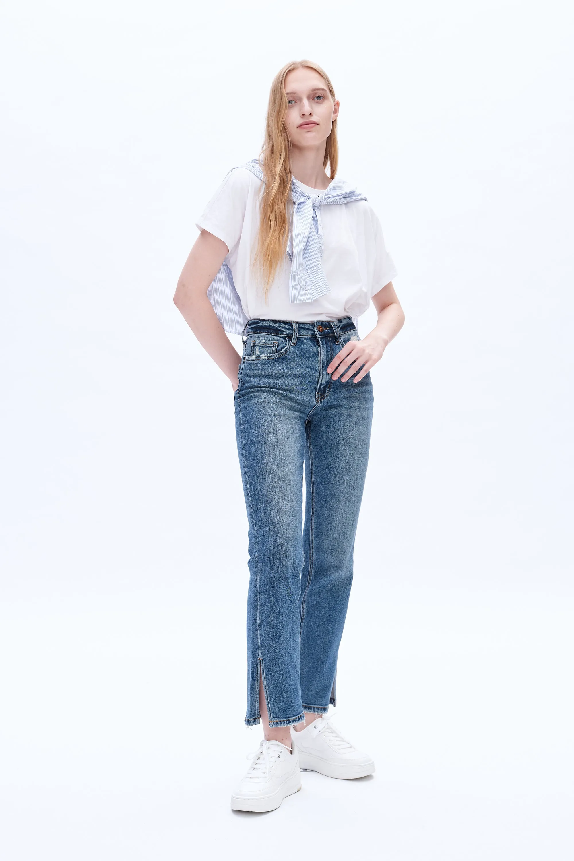 High Rise Straight Denim Jeans With Slit