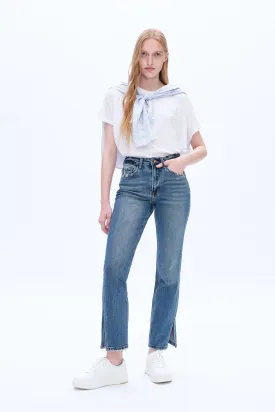 High Rise Straight Denim Jeans With Slit