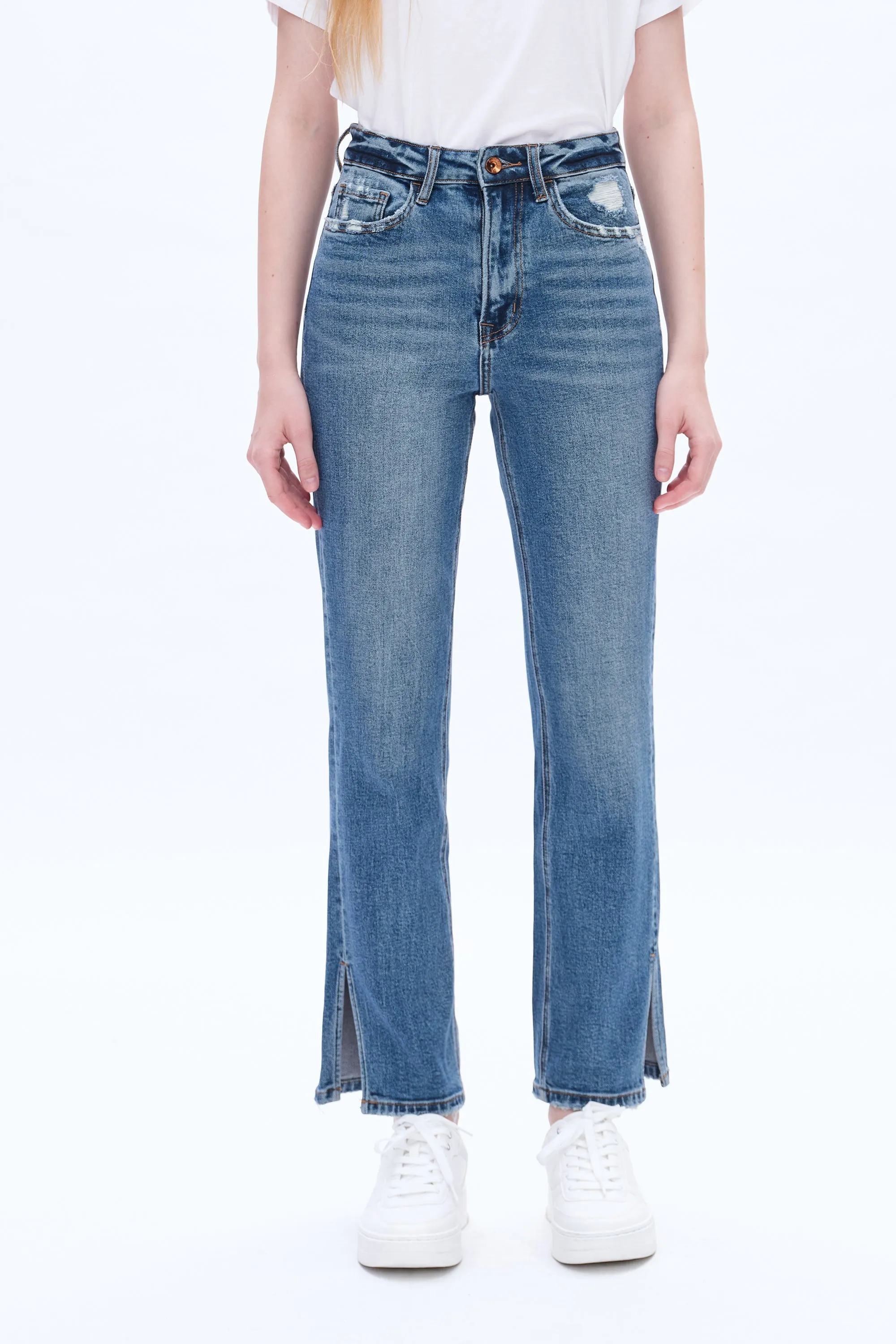 High Rise Straight Denim Jeans With Slit