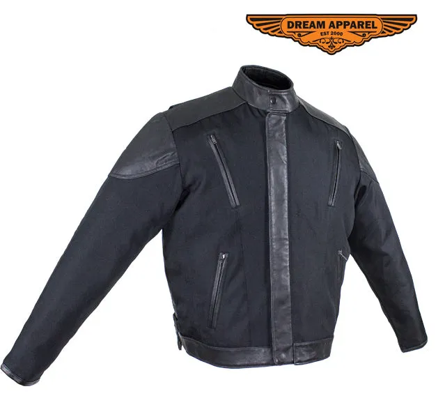 Men's Black Racer Style Textile Jacket W/ Leather Patches