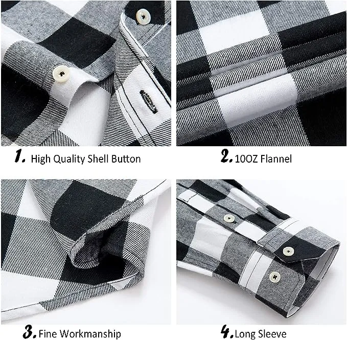 Men's Button Down Regular Fit Long Sleeve Plaid Flannel Casual Shirts Black/White