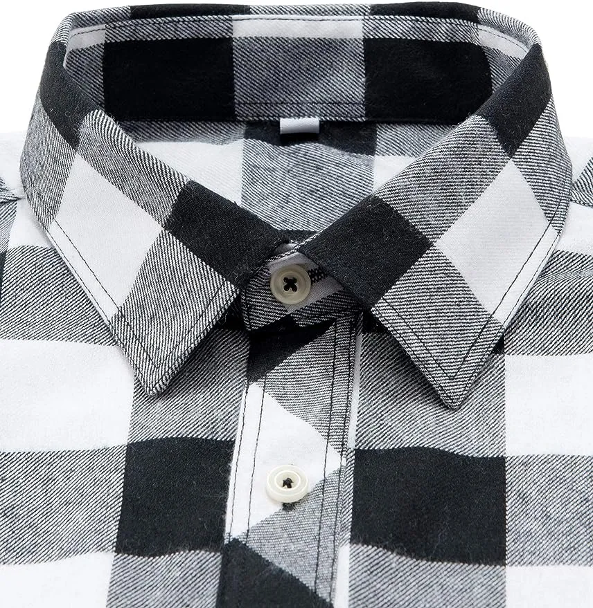 Men's Button Down Regular Fit Long Sleeve Plaid Flannel Casual Shirts Black/White