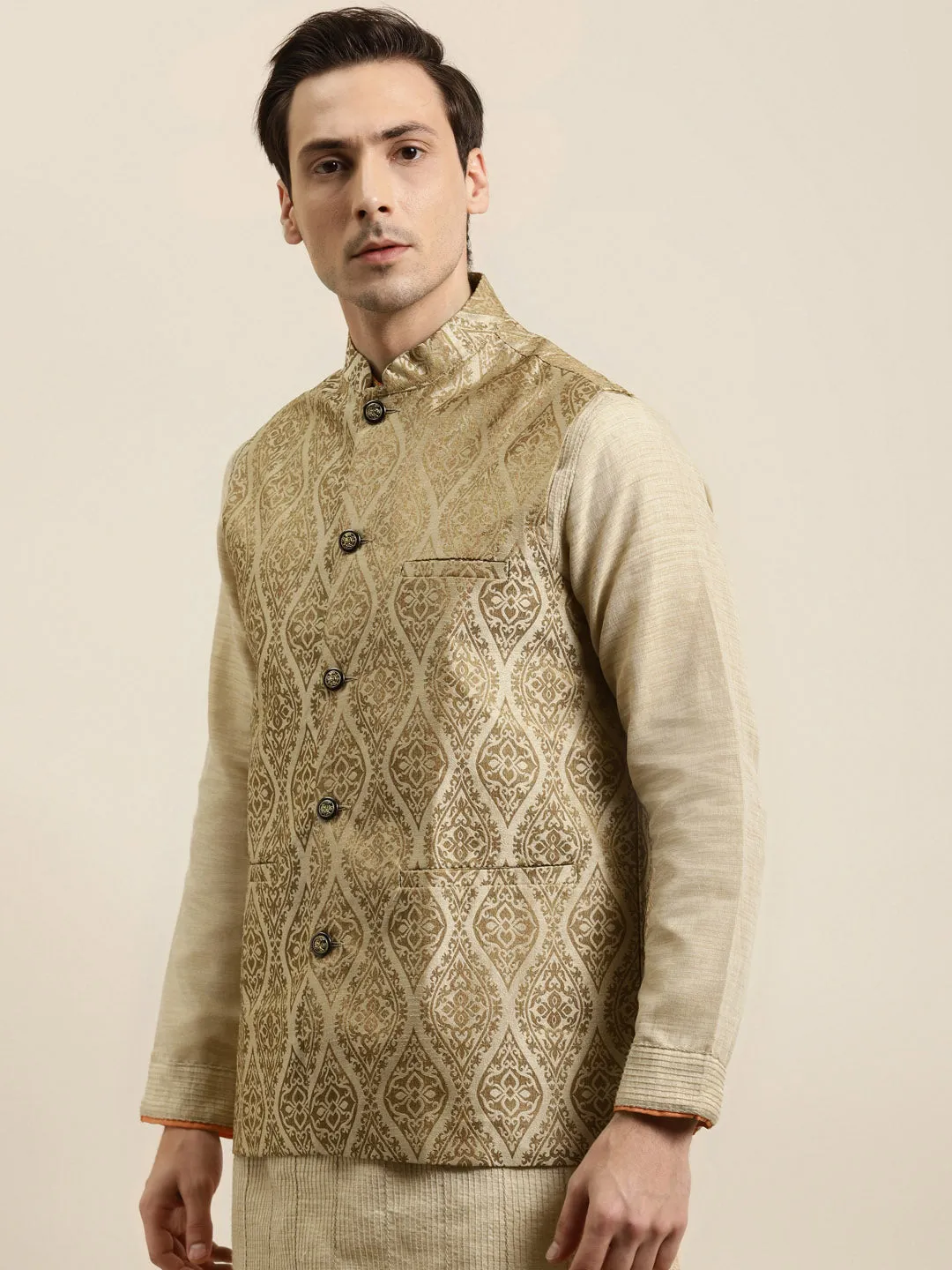 Men's Jacquard Silk Beige & Gold Nehru Jacket - Sojanya