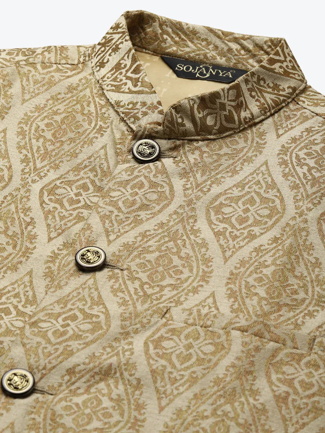 Men's Jacquard Silk Beige & Gold Nehru Jacket - Sojanya