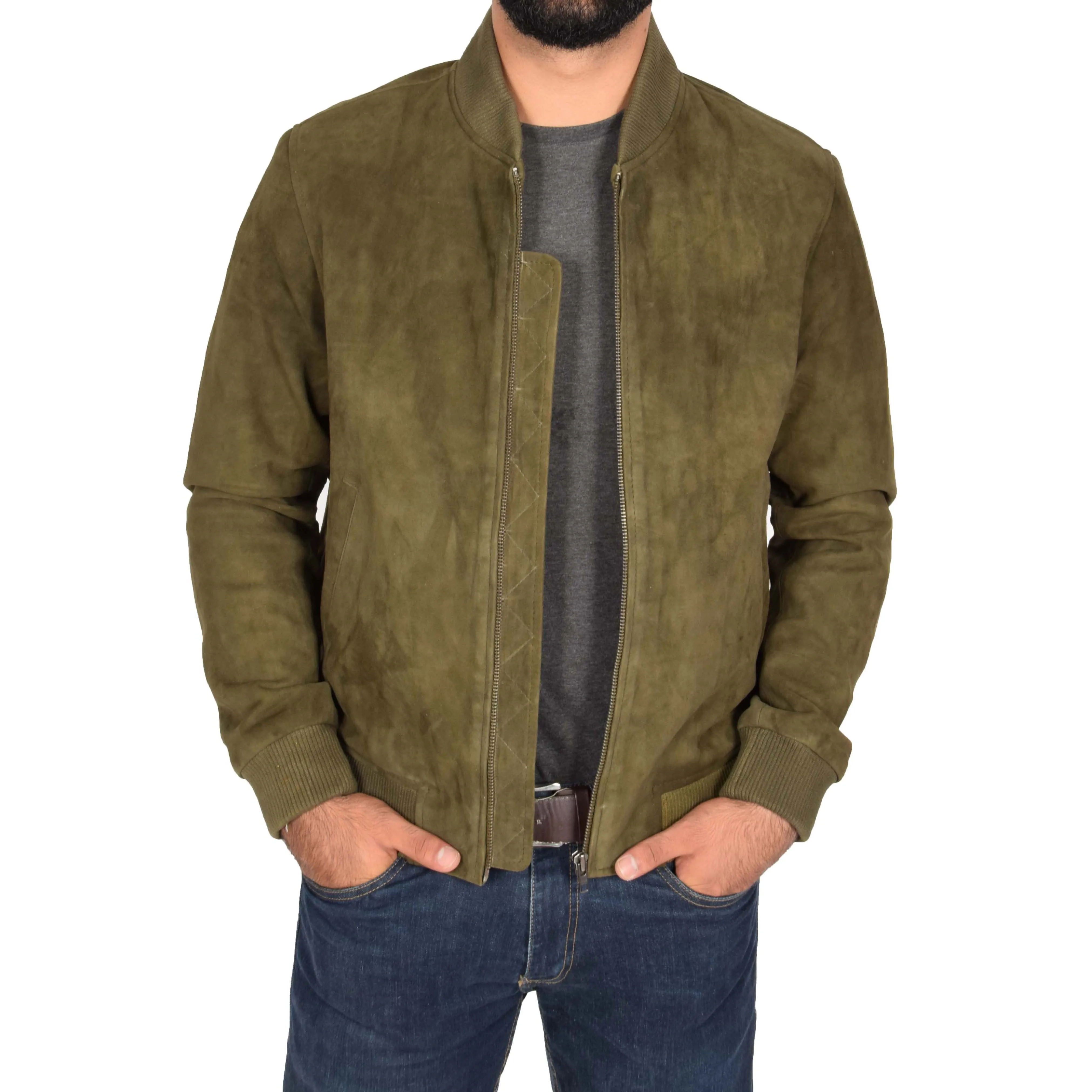 Mens Soft Goat Suede Bomber Varsity Baseball Jacket Blur Green