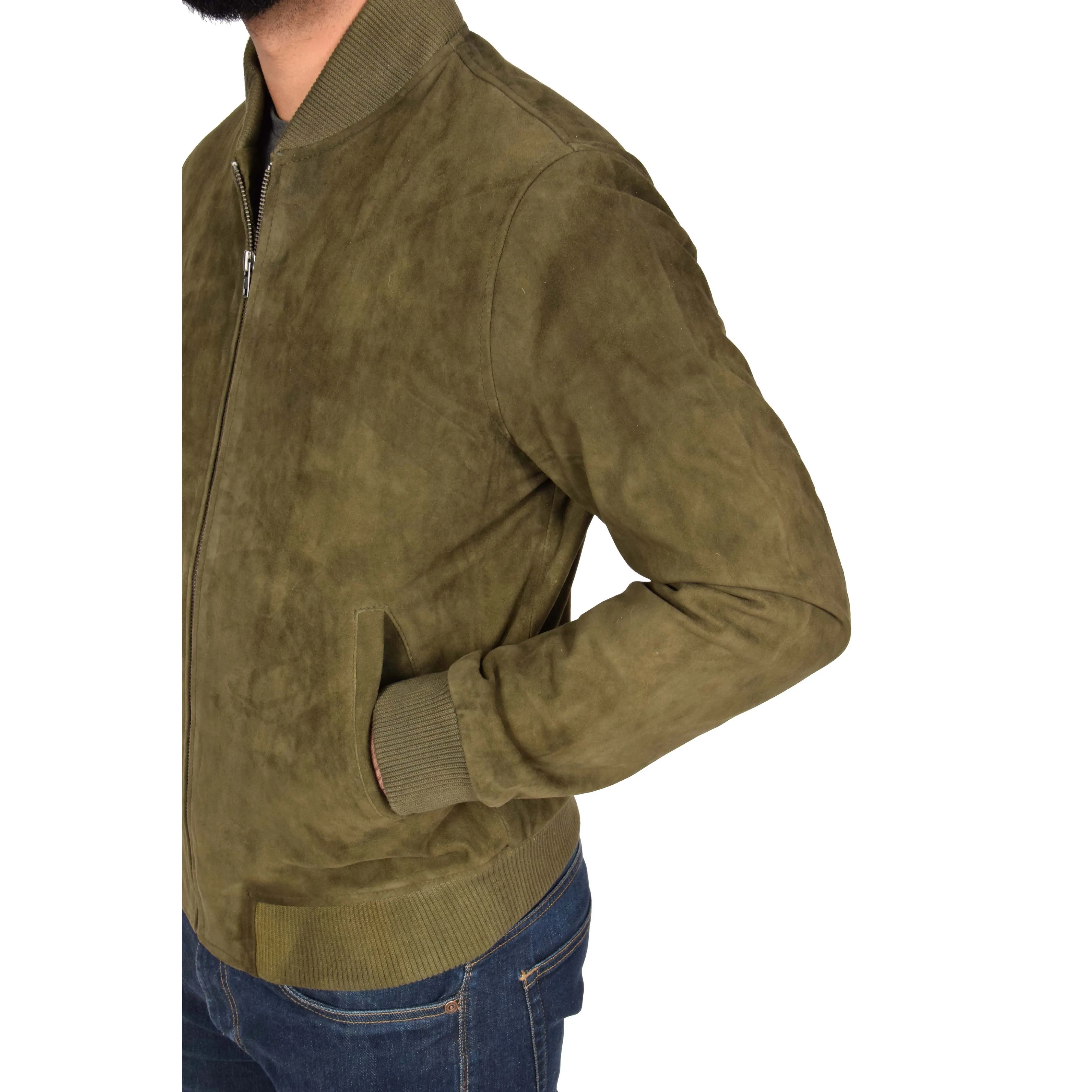 Mens Soft Goat Suede Bomber Varsity Baseball Jacket Blur Green