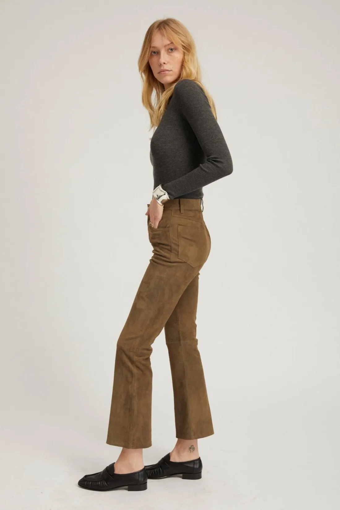 Olive Suede 5 Pocket Ankle Flare Pants