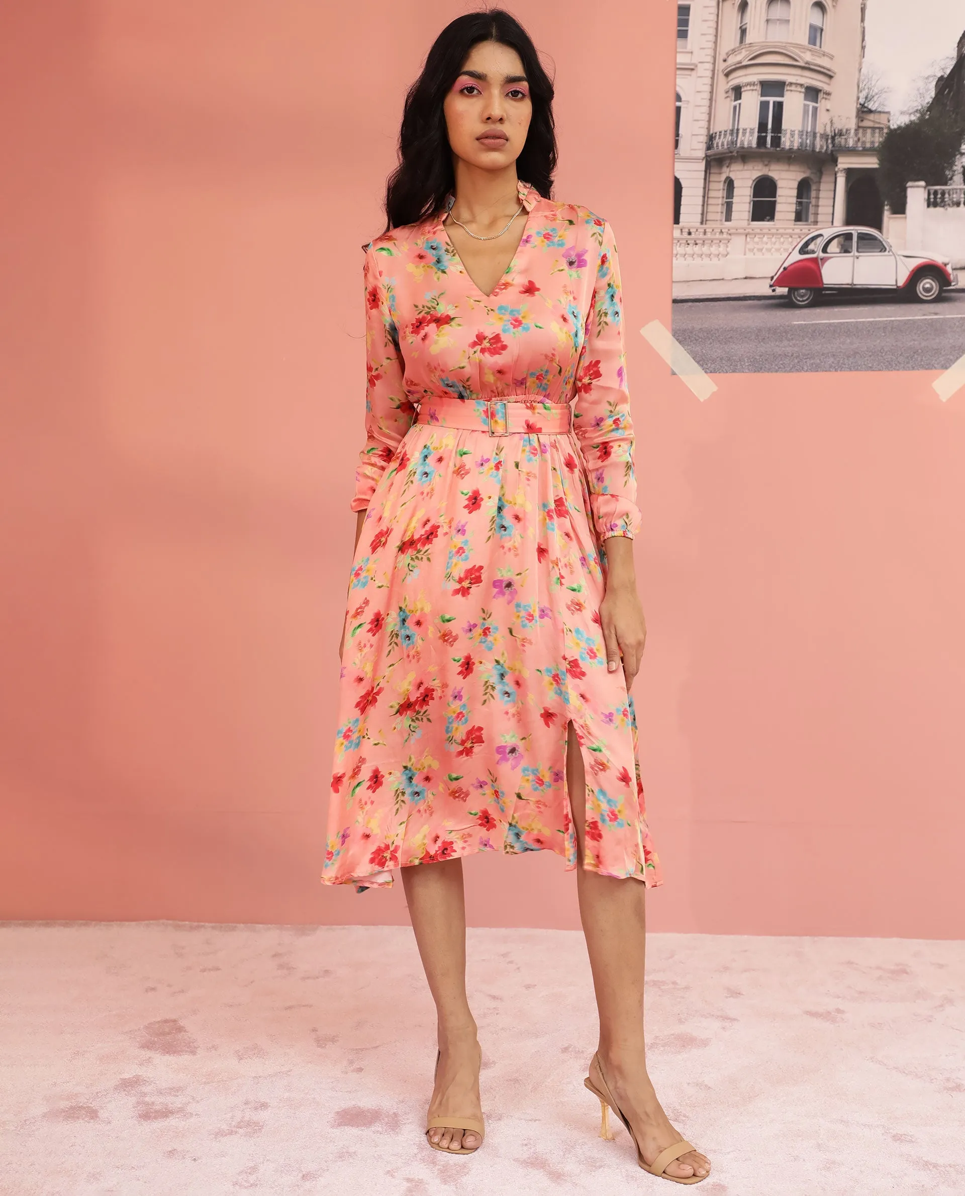 Rareism Women Tuna Peach Floral Print Full Sleeves With Fabric Waist Belt With Buckle And Pockets Knee Length Dress