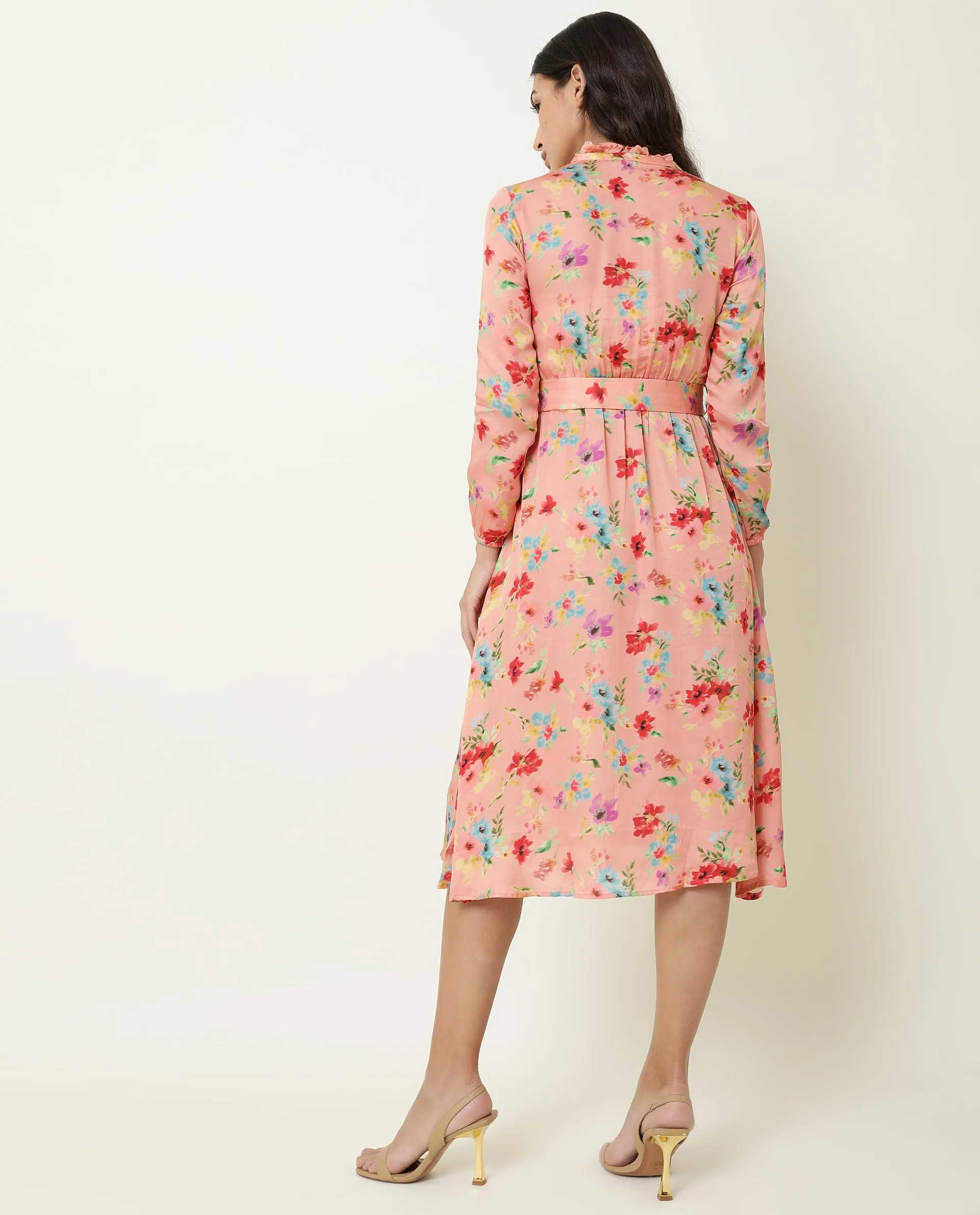 Rareism Women Tuna Peach Floral Print Full Sleeves With Fabric Waist Belt With Buckle And Pockets Knee Length Dress