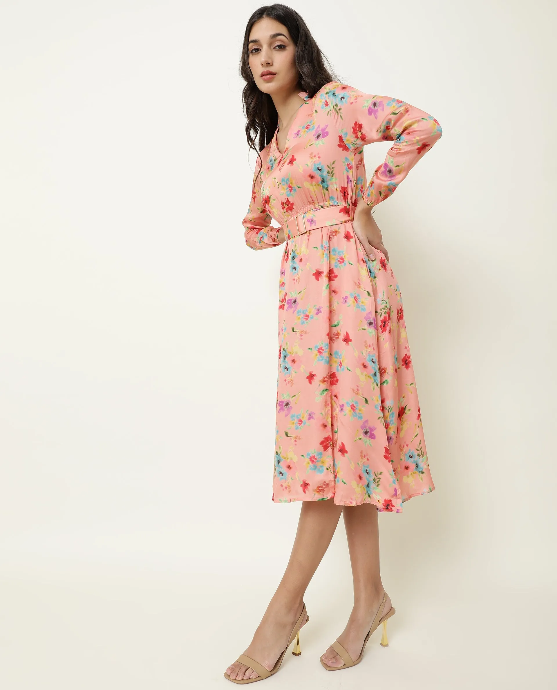 Rareism Women Tuna Peach Floral Print Full Sleeves With Fabric Waist Belt With Buckle And Pockets Knee Length Dress