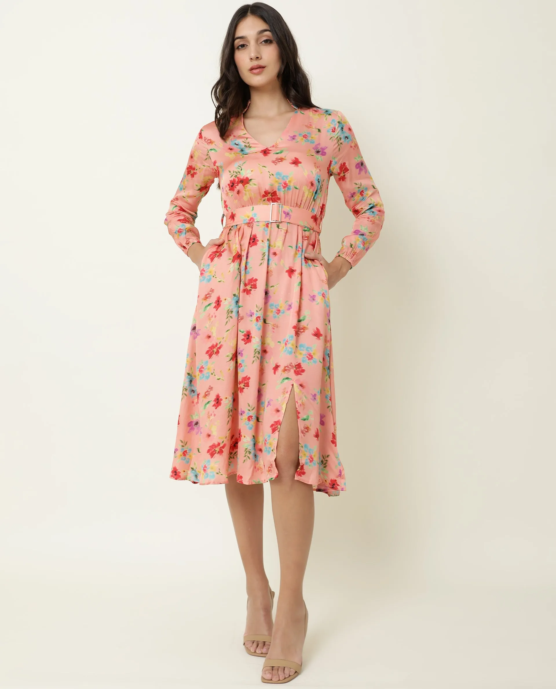 Rareism Women Tuna Peach Floral Print Full Sleeves With Fabric Waist Belt With Buckle And Pockets Knee Length Dress