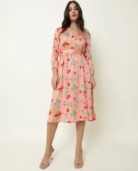 Rareism Women Tuna Peach Floral Print Full Sleeves With Fabric Waist Belt With Buckle And Pockets Knee Length Dress