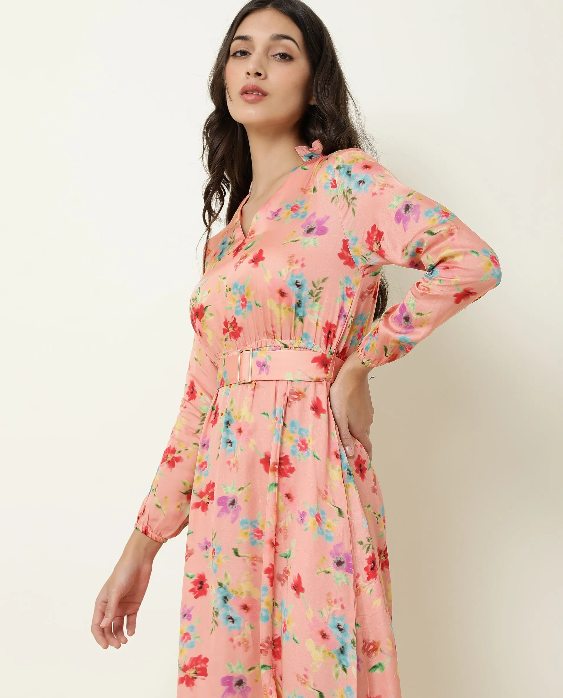 Rareism Women Tuna Peach Floral Print Full Sleeves With Fabric Waist Belt With Buckle And Pockets Knee Length Dress