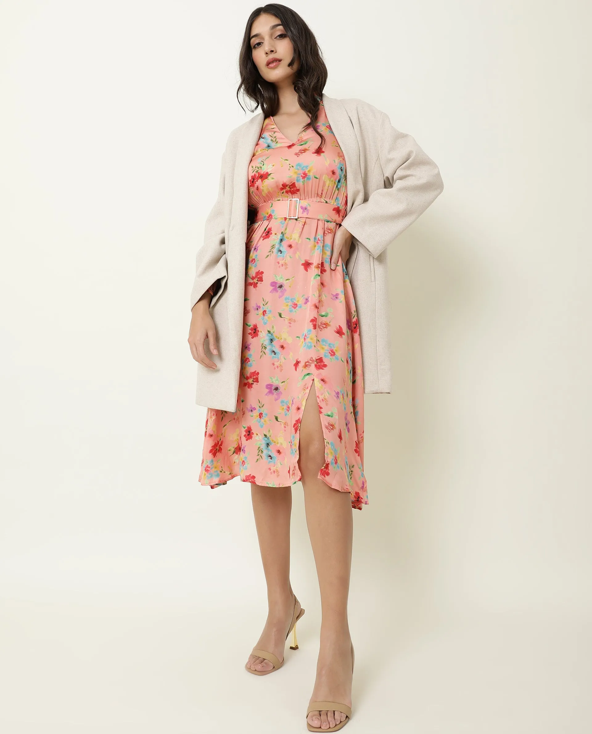 Rareism Women Tuna Peach Floral Print Full Sleeves With Fabric Waist Belt With Buckle And Pockets Knee Length Dress