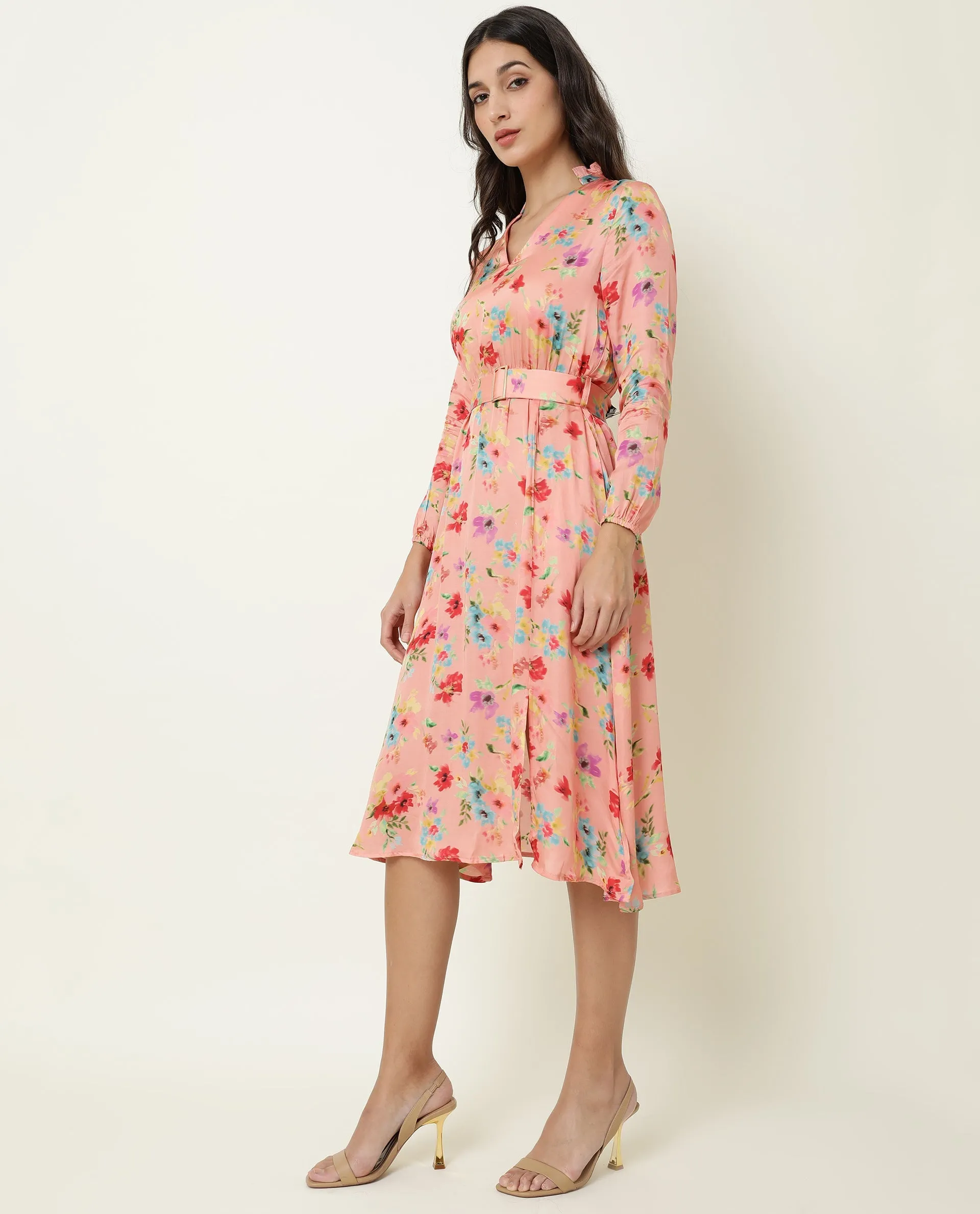 Rareism Women Tuna Peach Floral Print Full Sleeves With Fabric Waist Belt With Buckle And Pockets Knee Length Dress