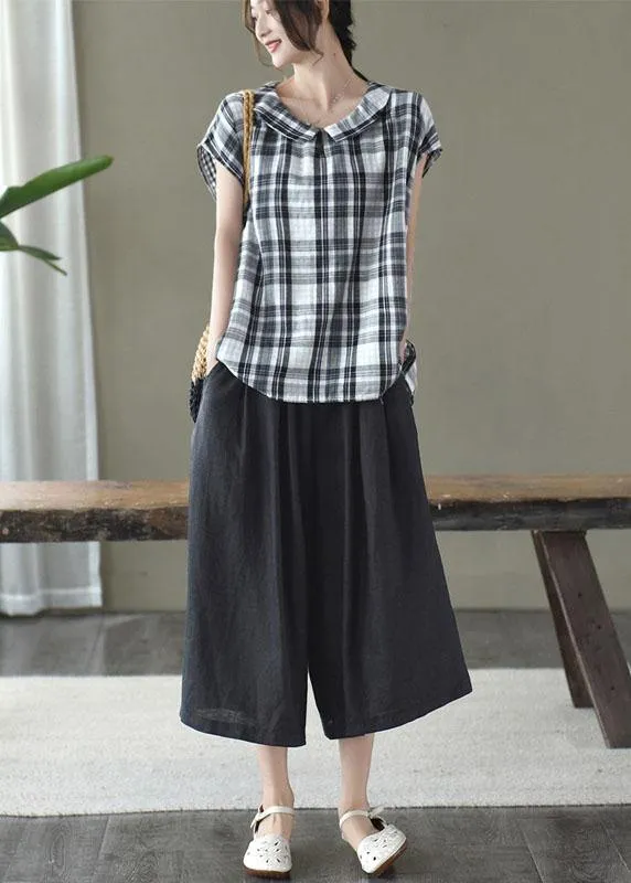 Women Black White Plaid Peter Pan Collar Cotton Shirts Summer