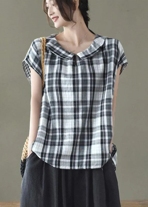 Women Black White Plaid Peter Pan Collar Cotton Shirts Summer